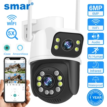 Smar 6MP Dual-Objektiv-Kamera im Freien Nacht Vision PTZ Wifi IP Kamera Menschlichen Erkennung Video Überwachung CCTV Auto Tracking ICSEE