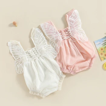 FOCUSNORM 0-24M Sommer Baby Mädchen Süß Strampler Fliege Hülse Schmetterling Stickerei Plissee-Schnürung Bandage Jumpsuits